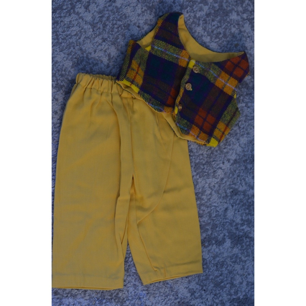 Connie Mortensen Vintage Baby Outfit 3-6 Months Set Vest And Pants Yellow Plaid